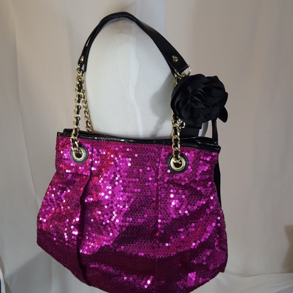 SOLD Betsey Johnson Purple Sequin Purse Rose Bow - Picture 1 of 6